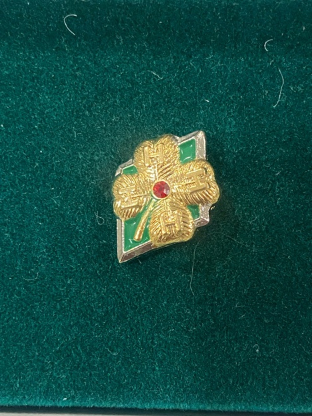 Vintage 4-H Clover Lapel Pin Green Enamel Red Center Gold Tone Youth Club